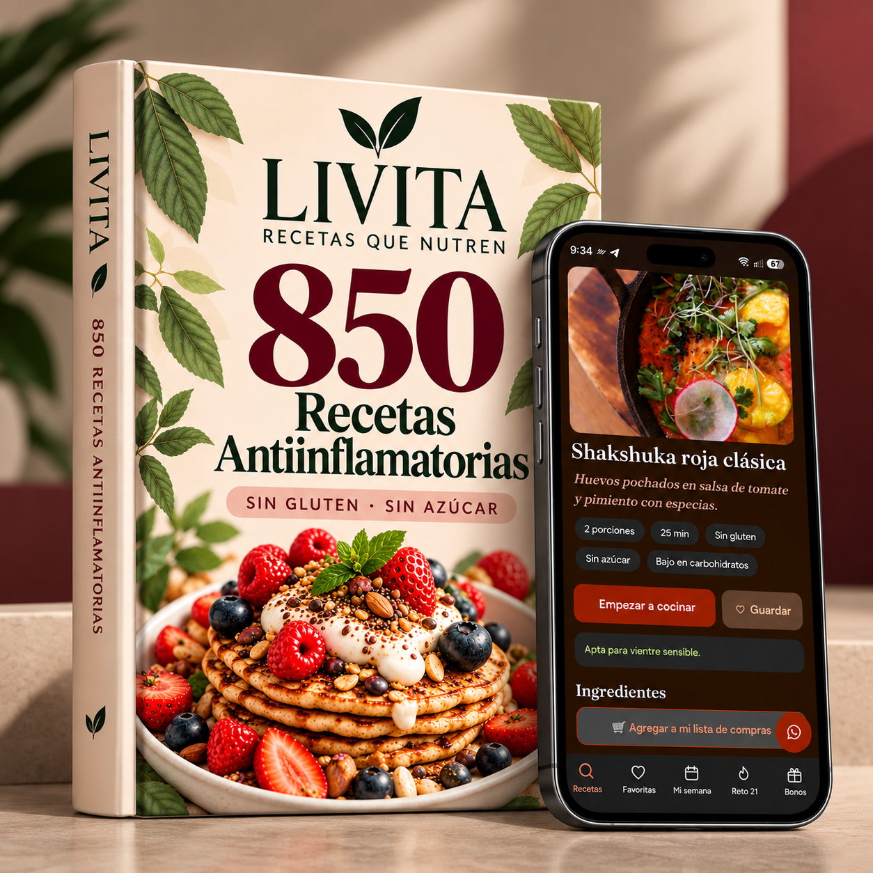 Libro Livita 850 Recetas Antiinflamatorias y recetario digital en celular