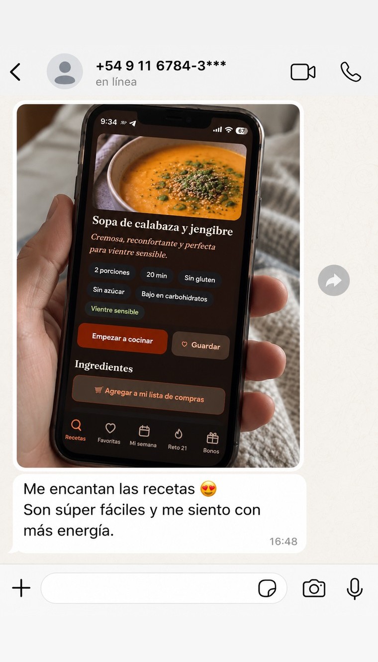 Testimonio real de una clienta: la receta de sopa de calabaza y jengibre abierta en el recetario digital