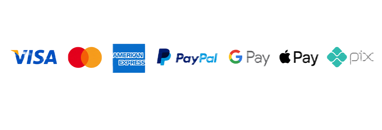 Visa, Mastercard, American Express, PayPal, Google Pay, Apple Pay y Pix